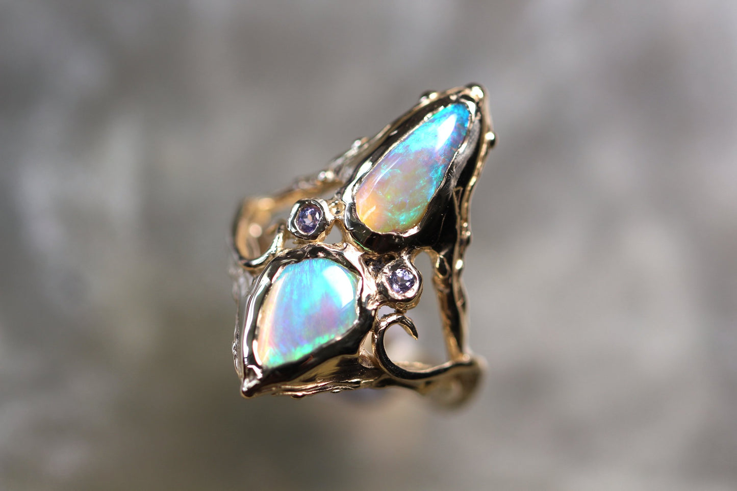 Pipe Opal, Tanzanite and Solid 9ct Yellow Gold Ring