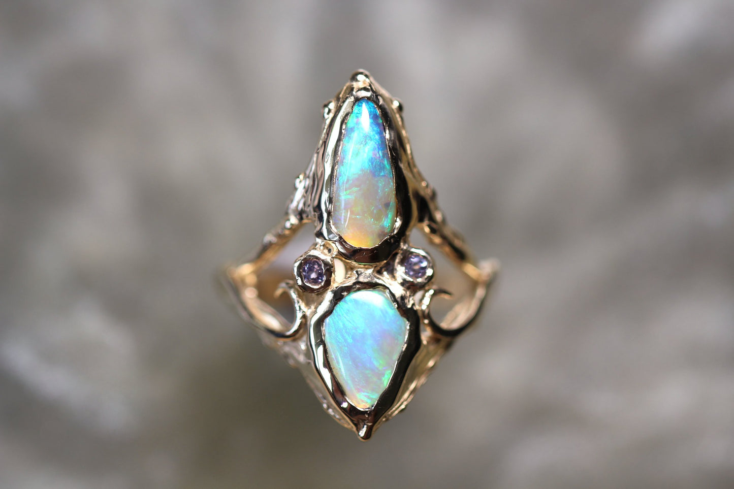 Pipe Opal, Tanzanite and Solid 9ct Yellow Gold Ring