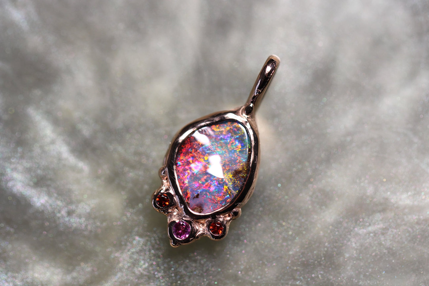 Boulder Opal, Spessartine and Rhodonite garnet and Solid 9ct Rose Gold Pendant