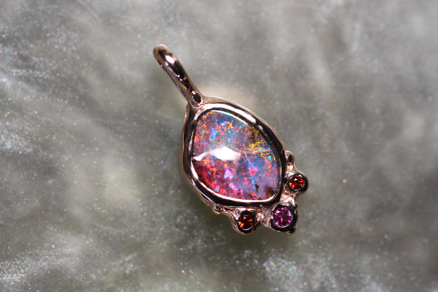 Boulder Opal, Spessartine and Rhodonite garnet and Solid 9ct Rose Gold Pendant