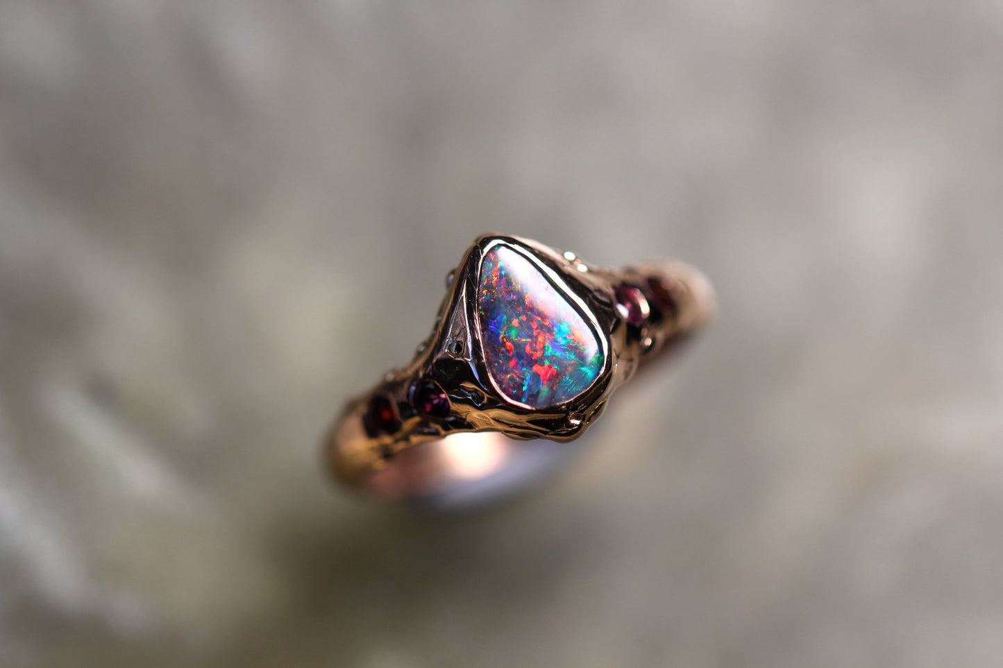 Boulder Opal, Spessartine, Rhodonite and Solid 9ct Rose Gold Ring