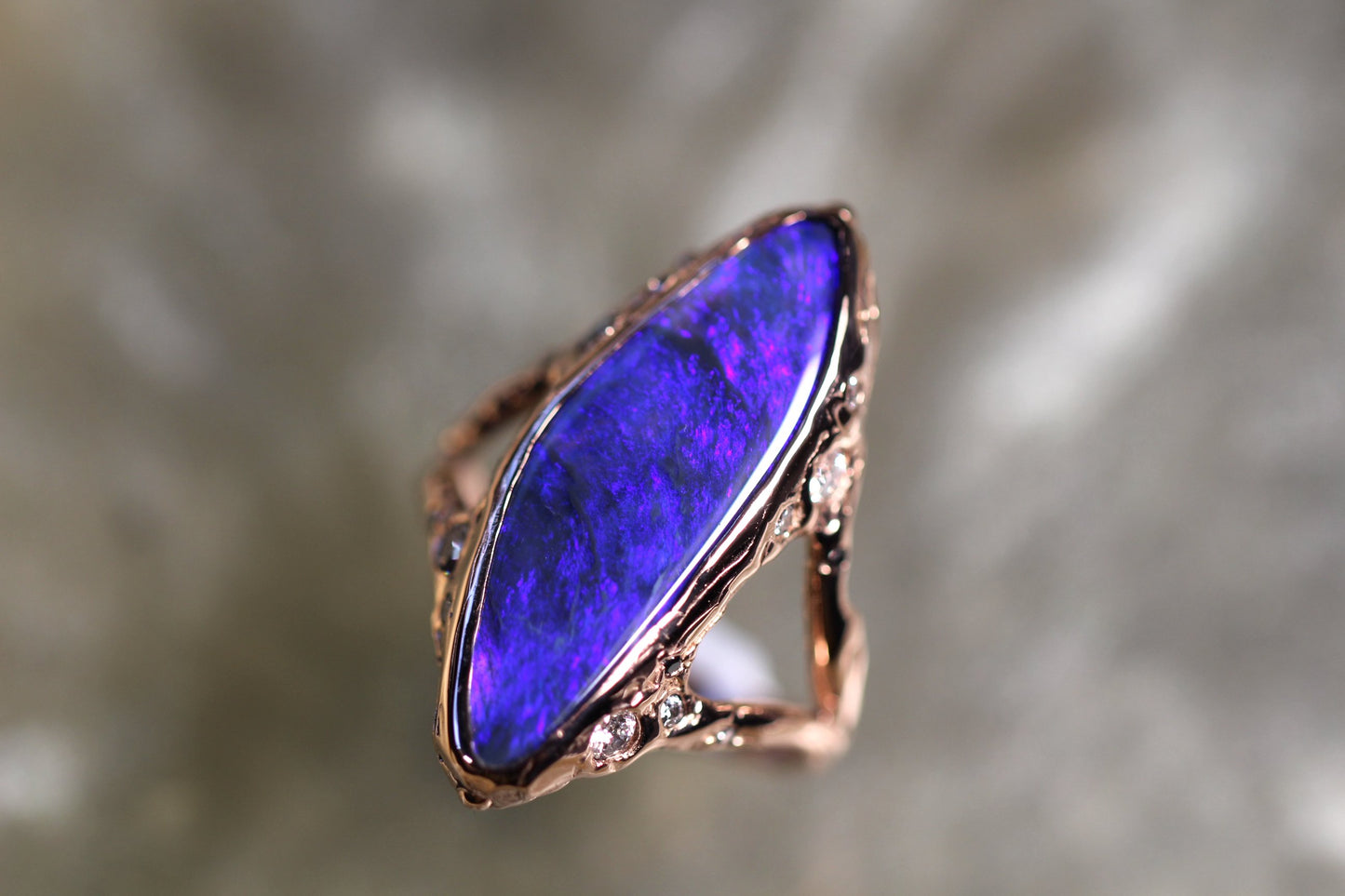 Lightning Ridge Opal, Diamond and Solid 9ct Rose Gold Ring