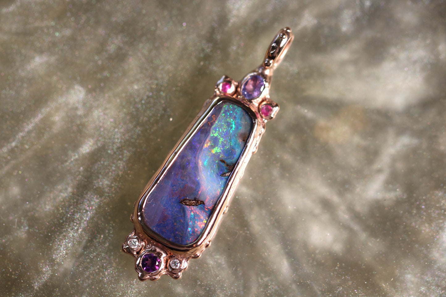 Boulder Opal, Tanzanite, Diamond, Amethyst, Ruby and Solid 9ct Rose Gold Pendant