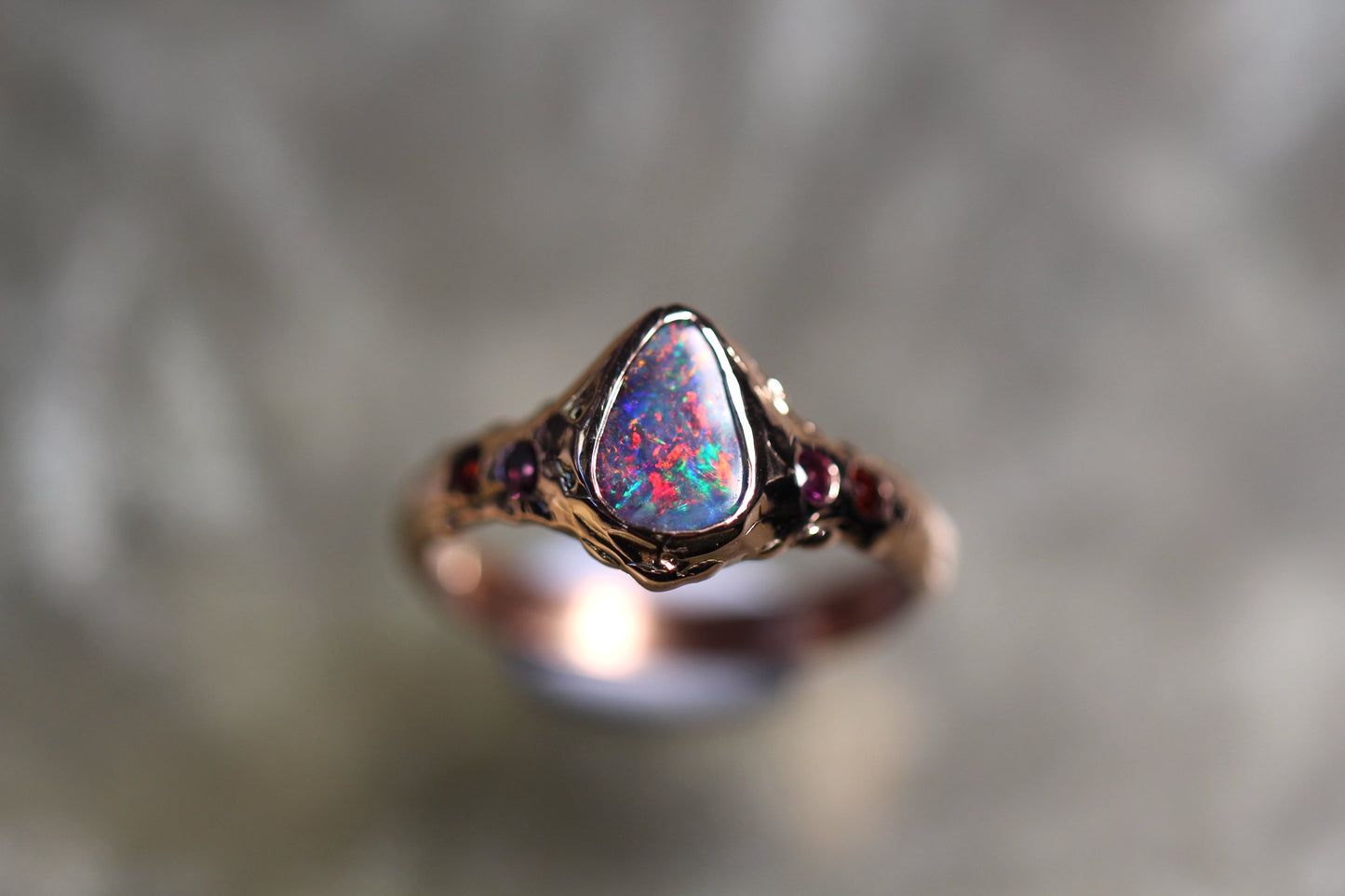 Boulder Opal, Spessartine, Rhodonite and Solid 9ct Rose Gold Ring