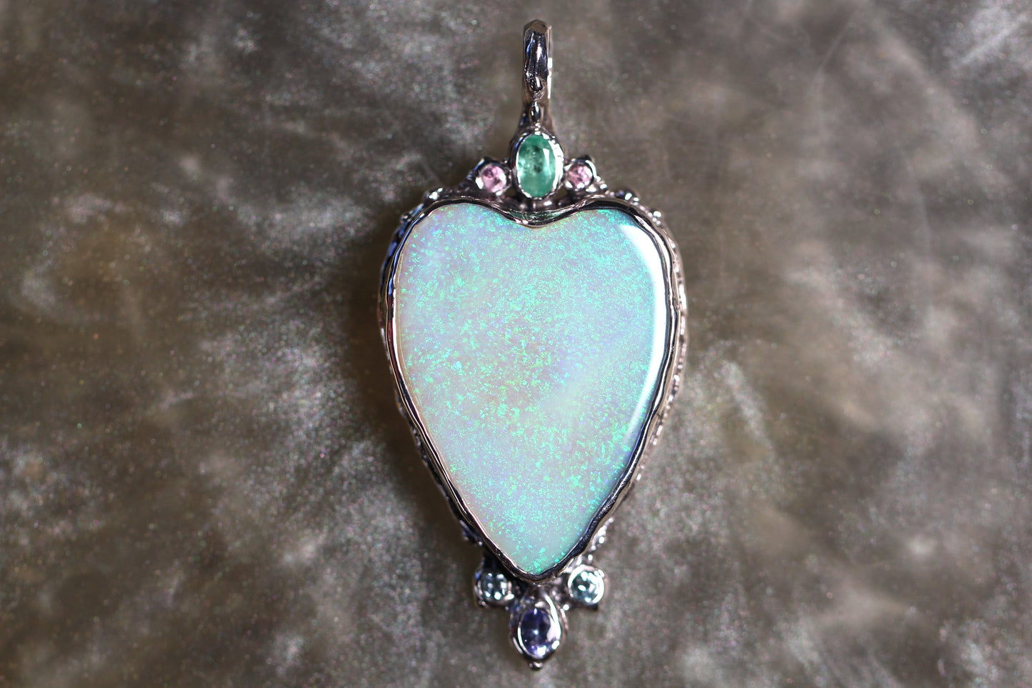 Coober Pedy Opal, Topaz, Emerald, Tanzanite, Pink Sapphire and Sterling Silver Pendant