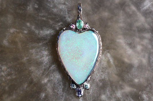Coober Pedy Opal, Topaz, Emerald, Tanzanite, Pink Sapphire and Sterling Silver Pendant