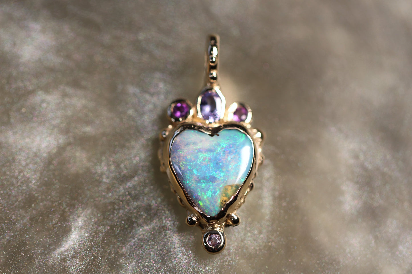 Boulder Opal, Tanzanite, Amethyst and Solid 9ct Yellow Gold Pendant
