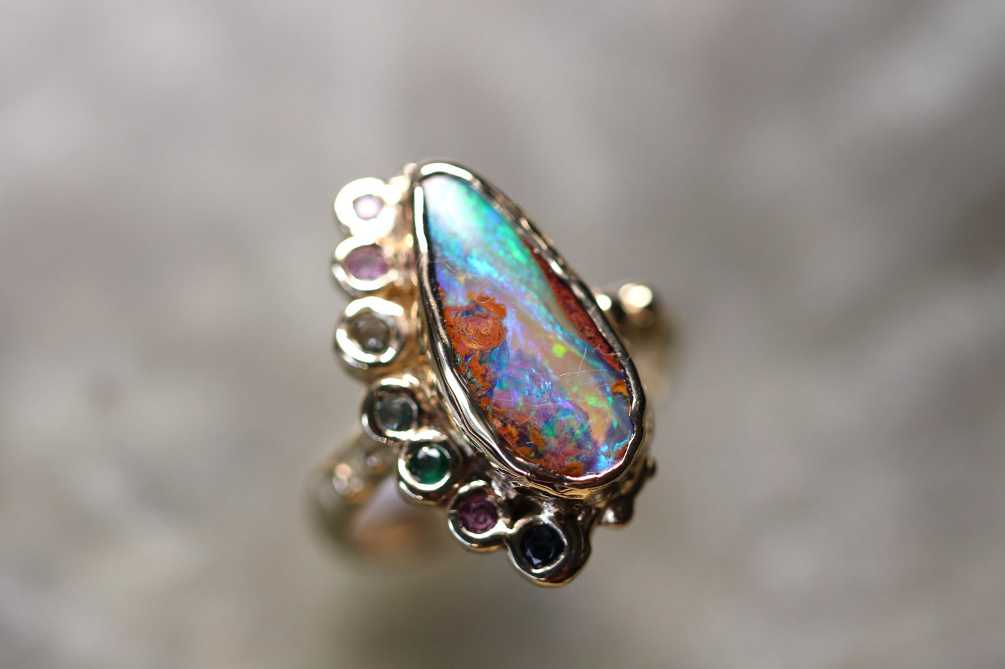Pipe Opal, Sapphire, Amethyst, Rhodonite, Diopside and Solid 9ct Yellow Gold Ring