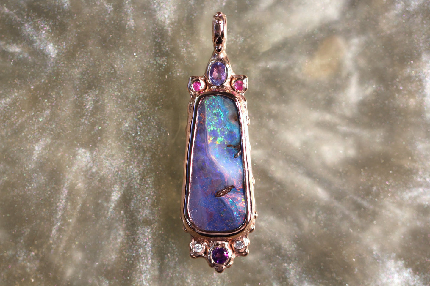 Boulder Opal, Tanzanite, Diamond, Amethyst, Ruby and Solid 9ct Rose Gold Pendant