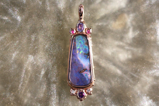 Boulder Opal, Tanzanite, Diamond, Amethyst, Ruby and Solid 9ct Rose Gold Pendant