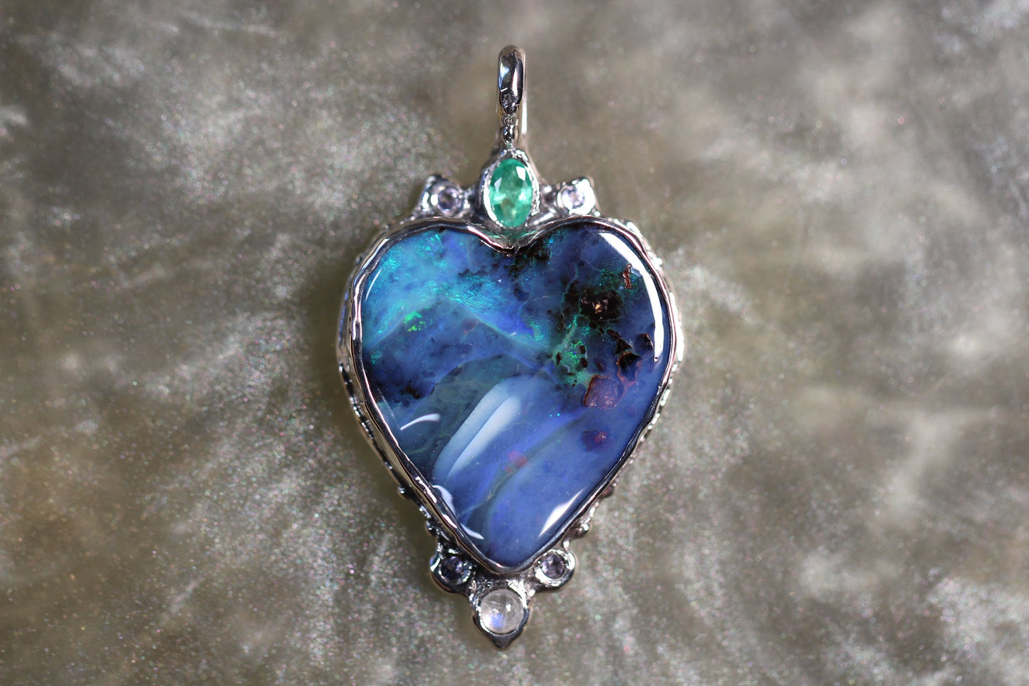 Boulder Opal, Moonstone, Emerald, Tanzanite, and Sterling Silver Pendant