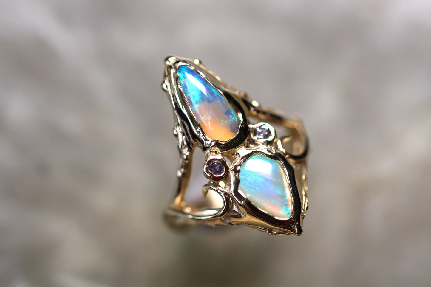 Pipe Opal, Tanzanite and Solid 9ct Yellow Gold Ring