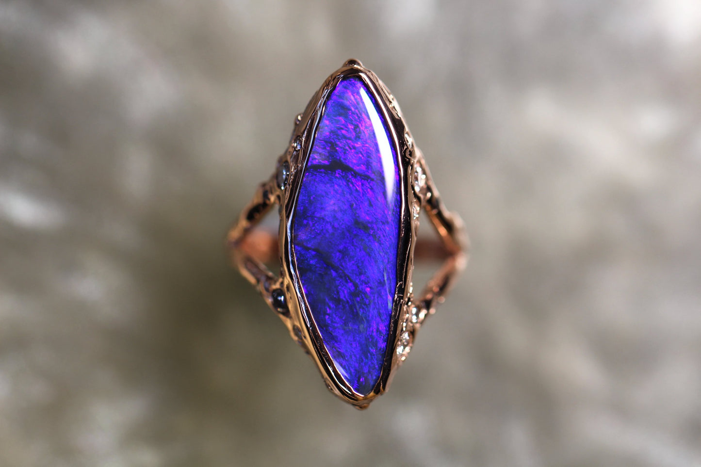 Lightning Ridge Opal, Diamond and Solid 9ct Rose Gold Ring