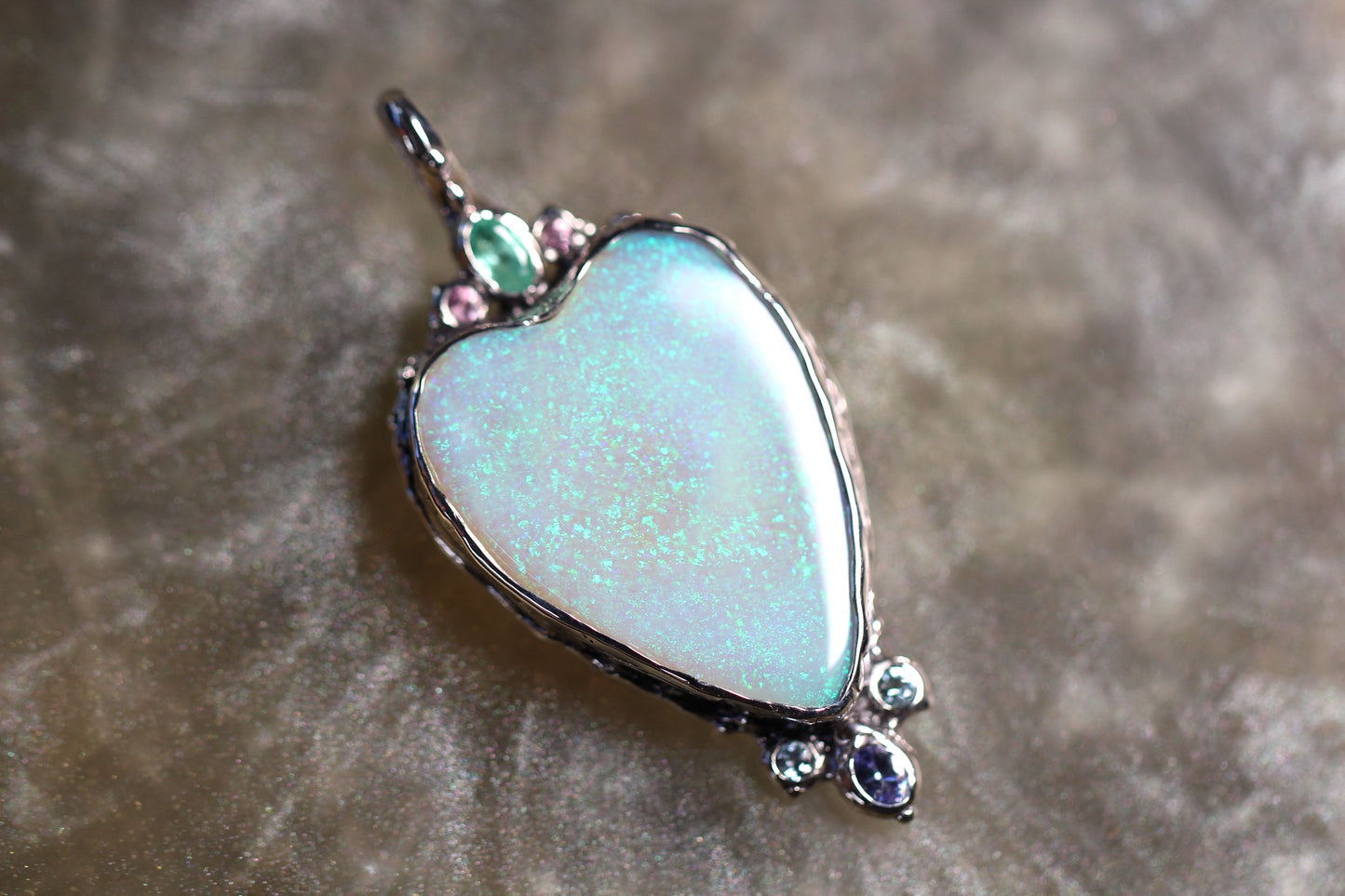 Coober Pedy Opal, Topaz, Emerald, Tanzanite, Pink Sapphire and Sterling Silver Pendant