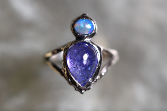 Boulder Opal, Tanzanite and Sterling Silver Ring