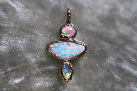 Boulder, Lightning Ridge and Pipe Opal and Solid 9ct Rose Gold Pendant