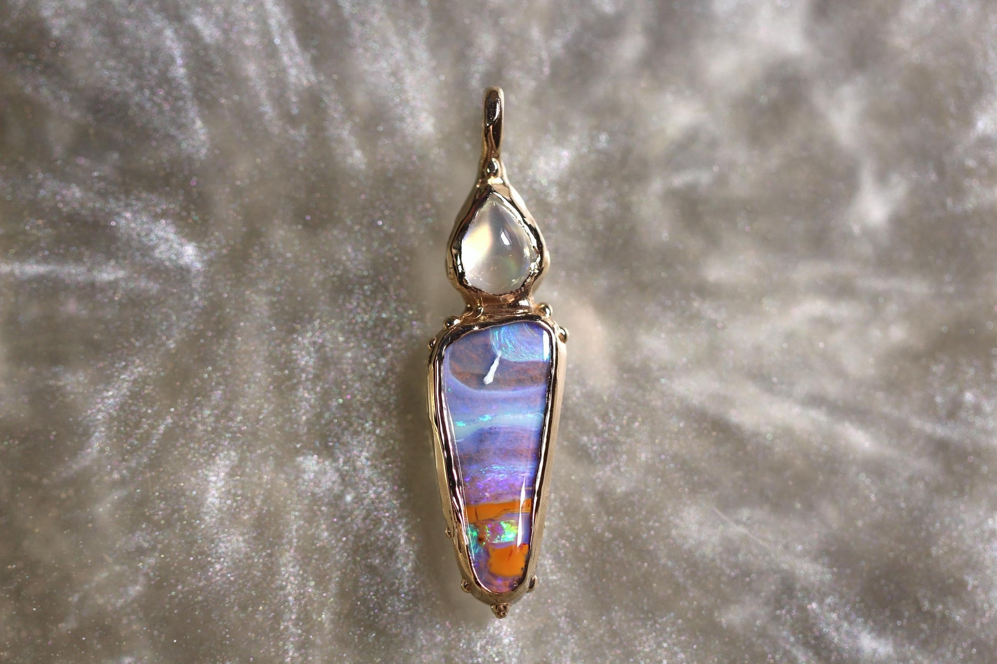 Boulder Opal, Moonstone and Solid 9ct Yellow Gold Pendant