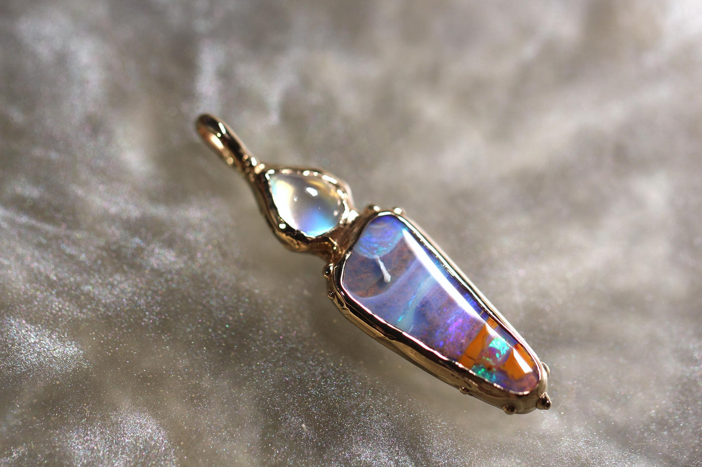 Boulder Opal, Moonstone and Solid 9ct Yellow Gold Pendant