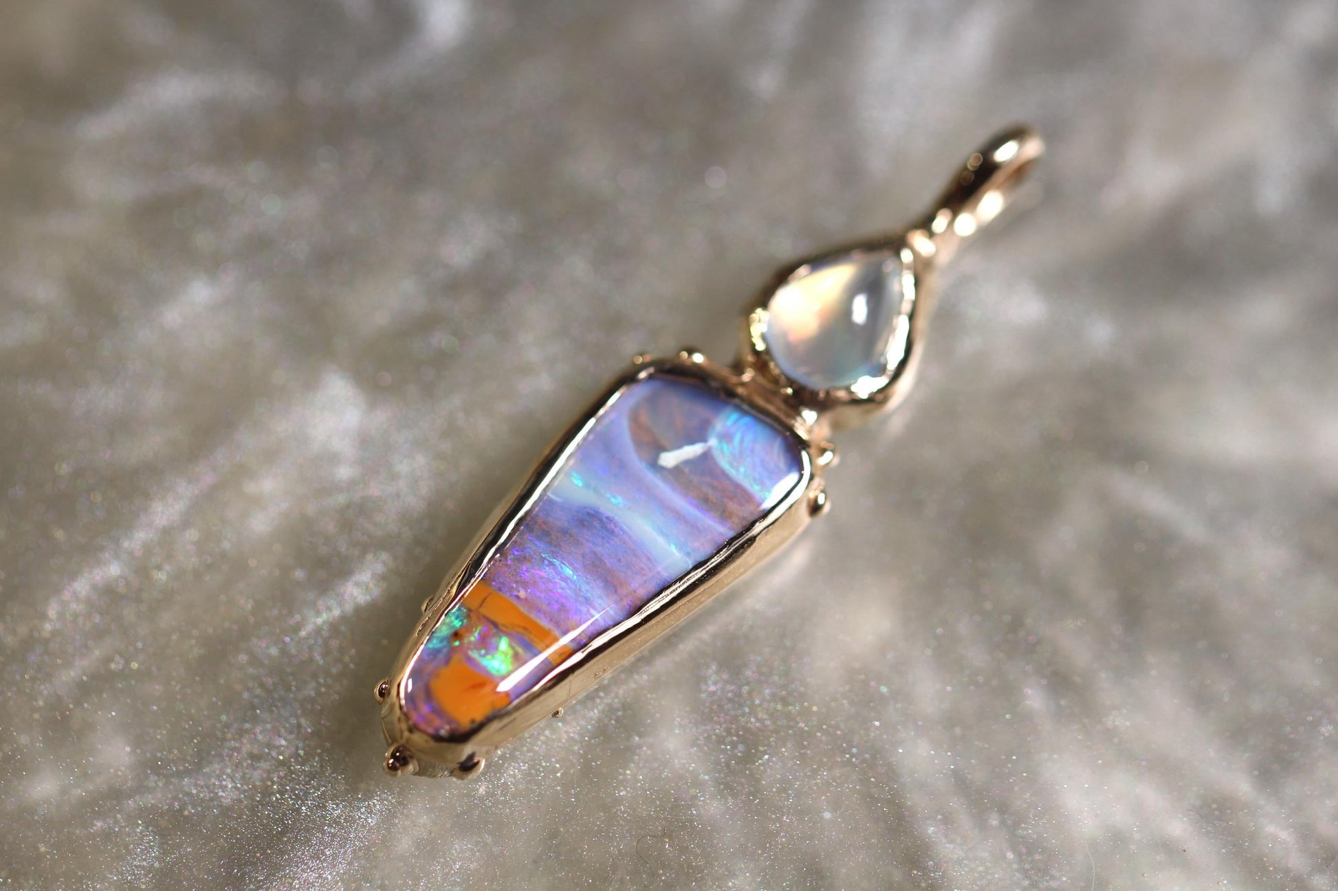 Boulder Opal, Moonstone and Solid 9ct Yellow Gold Pendant