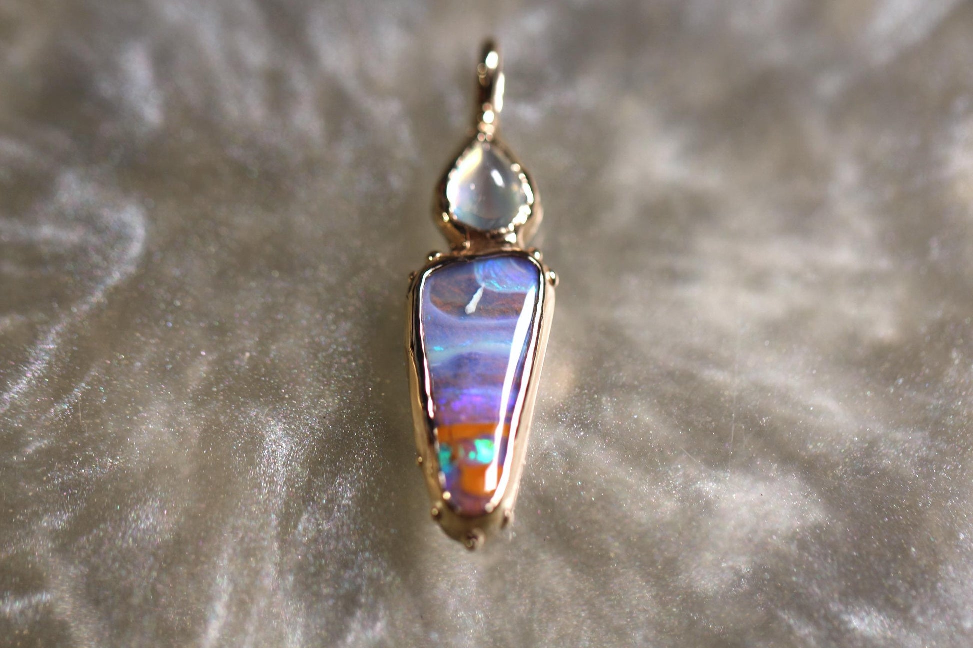 Boulder Opal, Moonstone and Solid 9ct Yellow Gold Pendant